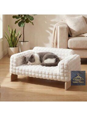 Elevated Cat Bed Indoor Wood Furniture Style Cat Couch Sofa with Faux Rabbit Fur